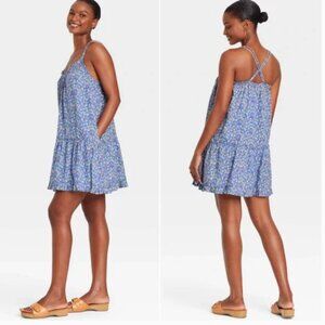 Universal Thread Target Blue Floral Ruffle Pintuck Mini Pocket Dress Size M